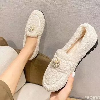 Зимняя высококачественная овечья шерсть, сохраняющая тепло, женская обувь, жемчужные цветы, мокасины без застежек, однотонные пушистые туфли на плоской подошве для женщин, повседневная обувь 34 белый