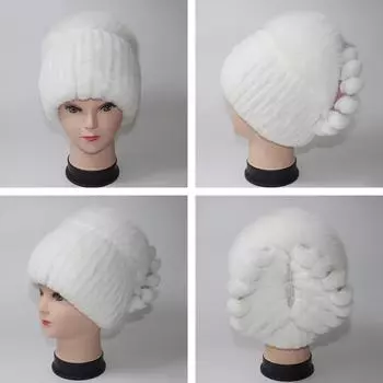 Зимняя высококачественная вязаная шапка из натурального меха кролика Рекс, меховая шапка из лисы, натуральная роскошная меховая шапка для женщин, теплая шапка из 100% натурального меха кролика Рекс Good elasticity(52cm-60cm белый