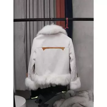 Зимняя замшевая овчина с воротником из лисьего меха, шуба, женская тяжелая промышленность, мода, европейские и американские товары M 55kg слоновая кость