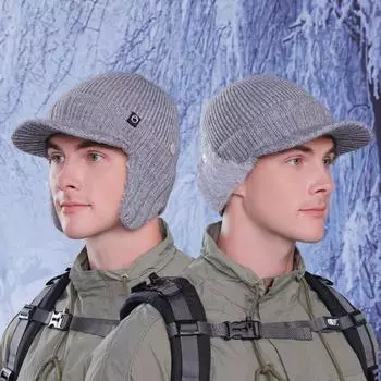 Зимняя защитная кепка для ушей, мужская, утепленная, вязаная, бейсбольная кепка для верховой езды, флисовая шапка темно-серого
