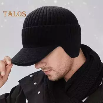 Зимняя защитная шапка с ушами, вязаная с длинными полями, сохраняет тепло, толстая эластичная, нескользящая, однотонная, подарок для папы, дедушки, шапочка для отдыха на природе чёрный
