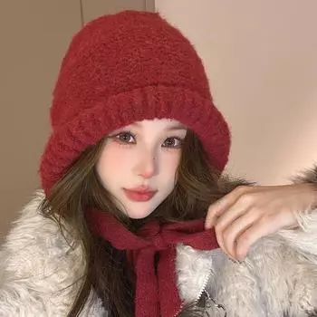 Зимняя Защитная Ушная Шапка-Балаклава на Шнуровке Теплая Женская Вязаная Шапка