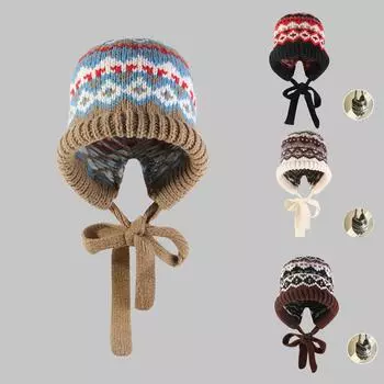 Зимняя Защитная Ушная Шапка-Балаклава на Шнуровке Теплая Женская Вязаная Шапка