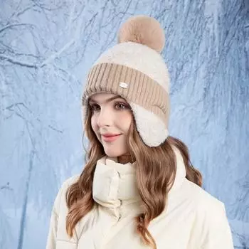 Зимняя защитная вязаная шапка для ушей, женская шерстяная шапка, утепленная плюшевая бейсболка белый