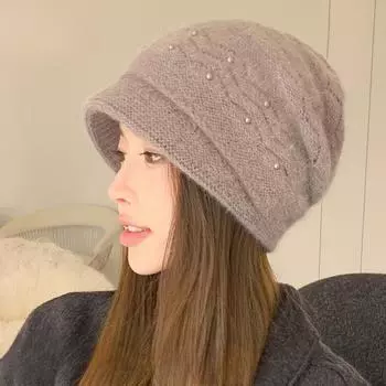 Зимняя жемчужная утолщенная кроличья меховая шапка, теплая шапка-пуловер, темпераментная вязаная шапка M56-58cm чёрный