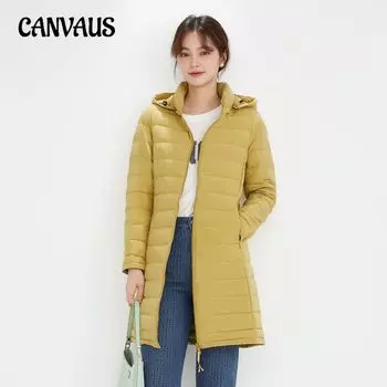 Зимняя женская 90-дюймовая однотонная бесшовная куртка-пуховик с капюшоном на утином пуху средней длины, большой размер, пальто S жёлтый