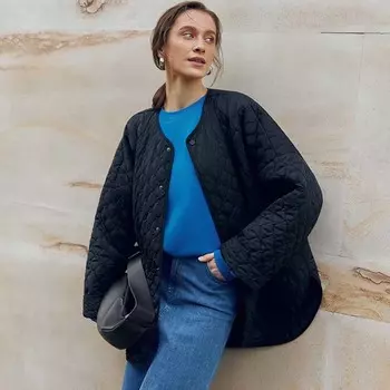 Зимняя женская элегантная куртка из утолщенного хлопка с круглым вырезом, длинными рукавами и карманами, короткие пальто, повседневная однобортная теплая верхняя одежда S чёрный