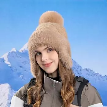 Зимняя женская бархатная шапка для защиты ушей, теплая вязаная шапка с меховым шариком, шерстяная шапка хаки