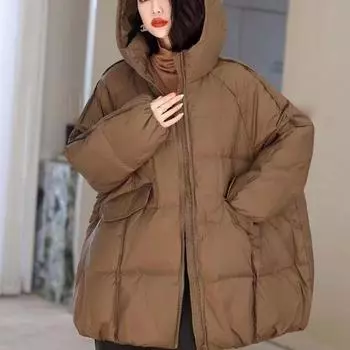 Зимняя женская белая утиная пуховая куртка с капюшоном большого размера, теплая, свободного покроя, женская повседневная свободная парка с карманом, верхняя одежда one size