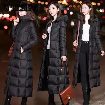 Зимняя женская черная пуховая куртка женская утолщенная тонкая длинная хлопковая куртка с капюшоном офисная женская теплая стеганая куртка верхняя одежда XXXXL чёрный