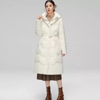 Зимняя женская длинная хлопковая куртка на утином пуху с поясом, толстая теплая роскошная тонкая парка с капюшоном M чёрный