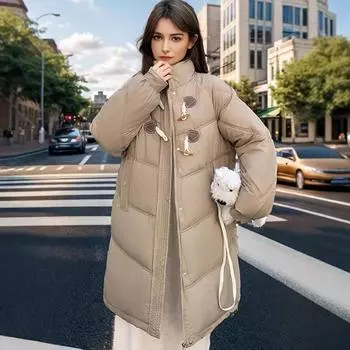 Зимняя женская длинная куртка 2024 года с капюшоном, повседневная утепленная парка, пальто, женская хлопковая куртка с высоким воротником и роговыми пуговицами S хаки