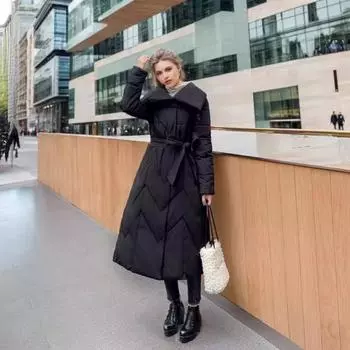 Зимняя женская длинная куртка 2024 года, женская хлопковая куртка с большими лацканами длиной до колена, женская однотонная утепленная парка, женская куртка S чёрный