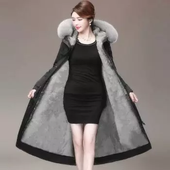 Зимняя женская длинная парка, съемная внутренняя толстая теплая парка с капюшоном, водонепроницаемая выше колена, искусственный мех норки, внутренняя ветрозащитная парка с меховым воротником S чёрный