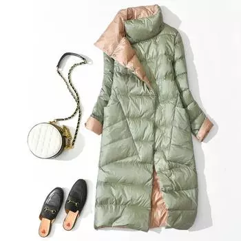 Зимняя женская длинная толстая куртка на утином пуху, теплая свободная куртка с воротником-стойкой, двухсторонняя двубортная парка, верхняя одежда S чёрный