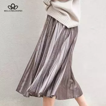 Зимняя женская длинная юбка, винтажная женская плиссированная бархатная юбка с высокой талией до середины икры, большие размеры S-6XL M чёрный