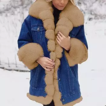 Зимняя женская джинсовая куртка с отделкой из искусственного меха, длинные рукава, цветные карманы M хаки