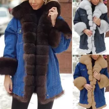 Зимняя женская джинсовая куртка с отделкой из искусственного меха, длинные рукава, карманы в тон, утепленное ветрозащитное пальто средней длины M белый