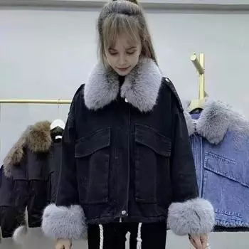 Зимняя женская джинсовая куртка с отделкой из искусственного меха, длинные рукава, карманы с подкладкой из толстого плюша, утепленное ветрозащитное пальто средней длины S чёрный