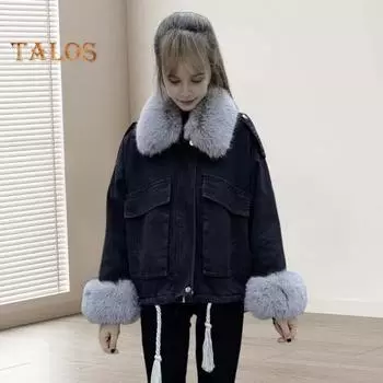 Зимняя женская джинсовая куртка с отделкой из искусственного меха, длинные рукава, карманы с подкладкой из толстого плюша, утепленное ветрозащитное пальто средней длины S чёрный