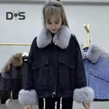 Зимняя женская джинсовая куртка с отделкой из искусственного меха, длинные рукава, карманы с подкладкой из толстого плюша, утепленное ветрозащитное пальто средней длины S чёрный