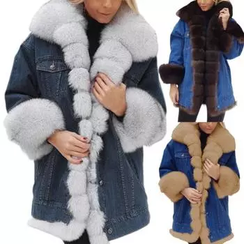 Зимняя женская джинсовая куртка с отделкой из искусственного меха, длинные рукава, карманы в тон, утепленное ветрозащитное пальто средней длины XL белый