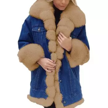 Зимняя женская джинсовая куртка с отделкой из искусственного меха, длинные рукава, карманы в тон, утепленное ветрозащитное пальто средней длины M белый