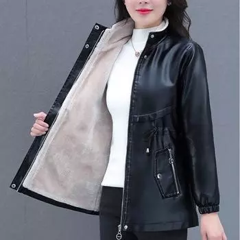 Зимняя женская флисовая куртка, толстая теплая куртка из искусственной кожи, тонкое кожаное пальто с воротником-стойкой и флокированным покрытием M чёрный