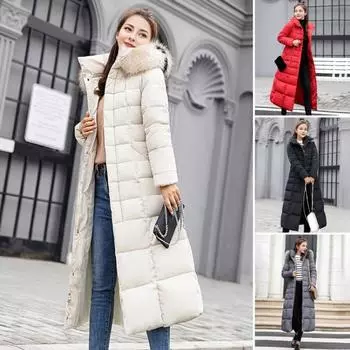 Зимняя женская хлопковая куртка Съемный капюшон Защита шеи Длинные рукава Карманы Длина до колена Застежка-молния Утепленное пальто Ветрозащитная верхняя одежда Парка M красный