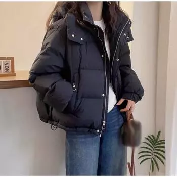 Зимняя женская хлопковая куртка с капюшоном большого размера, толстая теплая свободная куртка-пуховик, женская однотонная модная верхняя одежда на молнии L чёрный