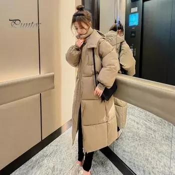 Зимняя женская хлопковая куртка с капюшоном, защитой шеи, длинными рукавами, карманами, застежкой-молнией, стеганое пальто средней длины, однотонная ветрозащитная верхняя одежда M синий