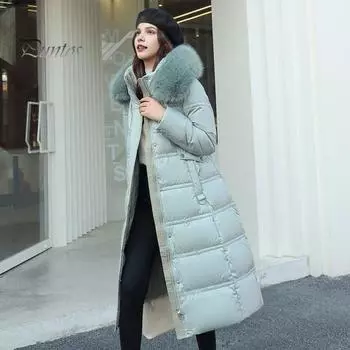 Зимняя женская хлопковая куртка с капюшоном, защитой шеи, длинными рукавами, карманами, длиной до середины голени, застежкой-молнией, стеганым пальто, однотонная ветрозащитная верхняя одежда M хаки