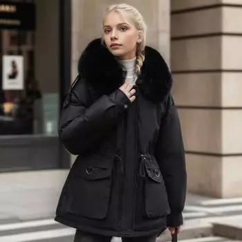 Зимняя женская хлопковая куртка с меховым капюшоном, утолщенный плюш, длинные рукава, эластичный пояс, карманы, застежка-молния, пальто средней длины, ветрозащитное теплое пуховое пальто M кофейный