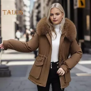 Зимняя женская хлопковая куртка с меховым капюшоном, утолщенный плюш, длинные рукава, эластичный пояс, карманы, застежка-молния, пальто средней длины, ветрозащитное теплое пуховое пальто M кофейный