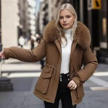 Зимняя женская хлопковая куртка с меховым капюшоном, утолщенный плюш, длинные рукава, эластичный пояс M бежевый