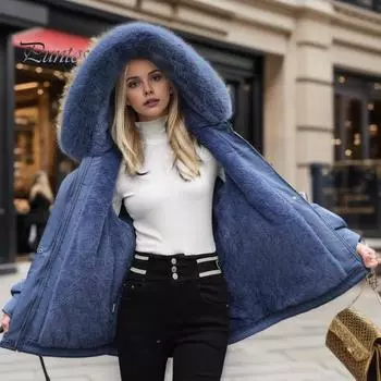 Зимняя женская хлопковая куртка с меховым капюшоном, утолщенный плюш, длинные рукава, эластичный пояс, карманы, застежка-молния, пальто средней длины, ветрозащитное теплое пуховое пальто M синий
