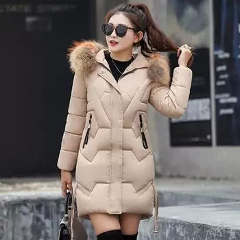 Зимняя женская хлопковая куртка с меховым капюшоном, защитой шеи, карманами, застежкой-молнией средней длины, стеганое пальто, однотонная ветрозащитная верхняя одежда, парка XL