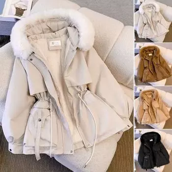 Зимняя женская хлопковая куртка с меховым капюшоном, утолщенный плюш, длинные рукава, эластичный пояс, карманы, застежка-молния, пальто средней длины, ветрозащитное теплое пуховое пальто L хаки