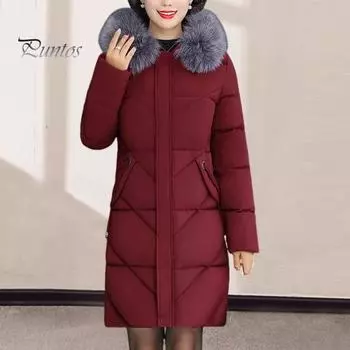 Зимняя женская хлопковая куртка с меховым капюшоном, защитой шеи, карманами больших размеров, застежкой-молнией средней длины, стеганое пальто, однотонная ветрозащитная верхняя одежда, парка XXL красный