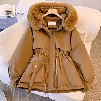 Зимняя женская хлопковая куртка с меховым капюшоном, утолщенный плюш, длинные рукава, эластичный пояс, карманы, застежка-молния, пальто средней длины, ветрозащитное теплое пуховое пальто L белый