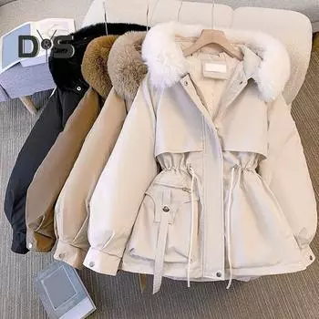 Зимняя женская хлопковая куртка с меховым капюшоном, утолщенный плюш, длинные рукава, эластичный пояс, карманы, застежка-молния, пальто средней длины, ветрозащитное теплое пуховое пальто L хаки