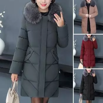 Зимняя женская хлопковая куртка с меховым капюшоном, защитой шеи, карманами больших размеров, застежкой-молнией средней длины, стеганое пальто, однотонная ветрозащитная верхняя одежда, парка XXL чёрный