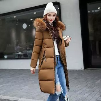 Зимняя женская хлопковая куртка с меховым капюшоном, длинными рукавами, карманами, сохраняющая тепло, длиной до колена, на молнии, стеганое пальто, однотонная ветрозащитная верхняя одежда, парка M серый