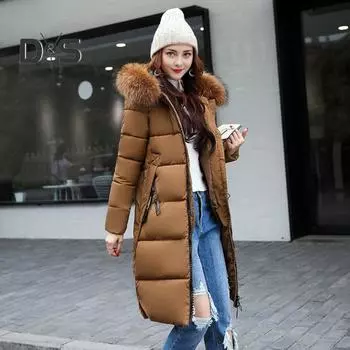 Зимняя женская хлопковая куртка с меховым капюшоном, длинными рукавами, карманами, сохраняющая тепло, длиной до колена, на молнии, стеганое пальто, однотонная ветрозащитная верхняя одежда, парка XXL чёрный