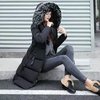 Зимняя женская хлопковая куртка с меховым капюшоном, длинными рукавами, карманами, сохраняющая тепло, длиной до колена, на молнии, стеганое пальто, однотонная ветрозащитная верхняя одежда, парка L серый