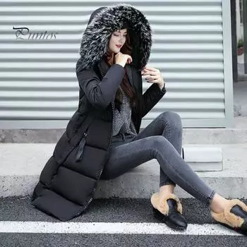 Зимняя женская хлопковая куртка с меховым капюшоном, длинными рукавами, карманами, сохраняющая тепло, длиной до колена, на молнии, стеганое пальто, однотонная ветрозащитная верхняя одежда, парка L розовый