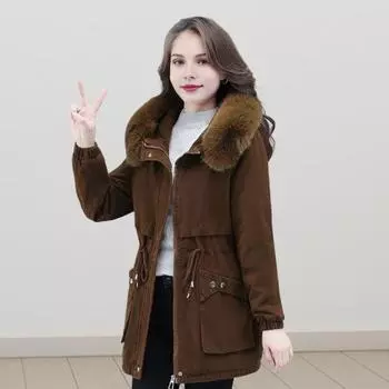 Зимняя женская хлопковая куртка с меховым капюшоном и двойными карманами, затягивающимся шнурком на талии, средней длины, застегивающаяся на молнию, однотонная ветрозащитная верхняя одежда, парка M хаки
