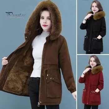 Зимняя женская хлопковая куртка с меховым капюшоном и двойными карманами, затягивающимся шнурком на талии, средней длины, застегивающаяся на молнию, однотонная ветрозащитная верхняя одежда, парка M хаки