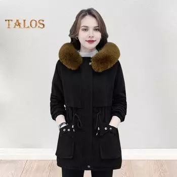 Зимняя женская хлопковая куртка с меховым капюшоном и двойными карманами, затягивающимся шнурком на талии, средней длины, застегивающаяся на молнию, однотонная ветрозащитная верхняя одежда, парка M хаки