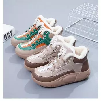 Зимняя женская хлопковая обувь с плюшем и утолщением. Новые универсальные теплые и противоскользящие высокие туфли для внешнего ношения осенью и зимой. 35 зелёный